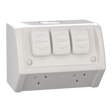 Weathershield, Twin Socket With Extra Switch, 10A, 250VAC, IP54