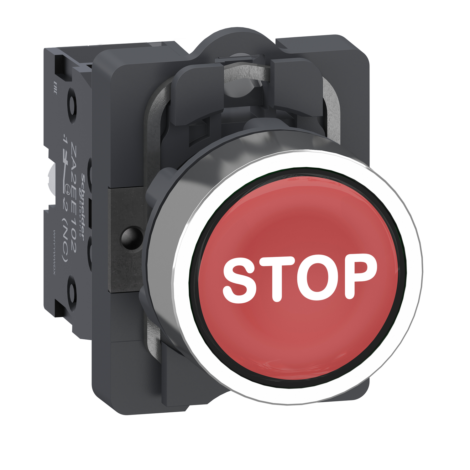 Complete push button with symbol, Easy Harmony XA2, plastic head, 22mm, red, STOP, 1NC, spring return, marked