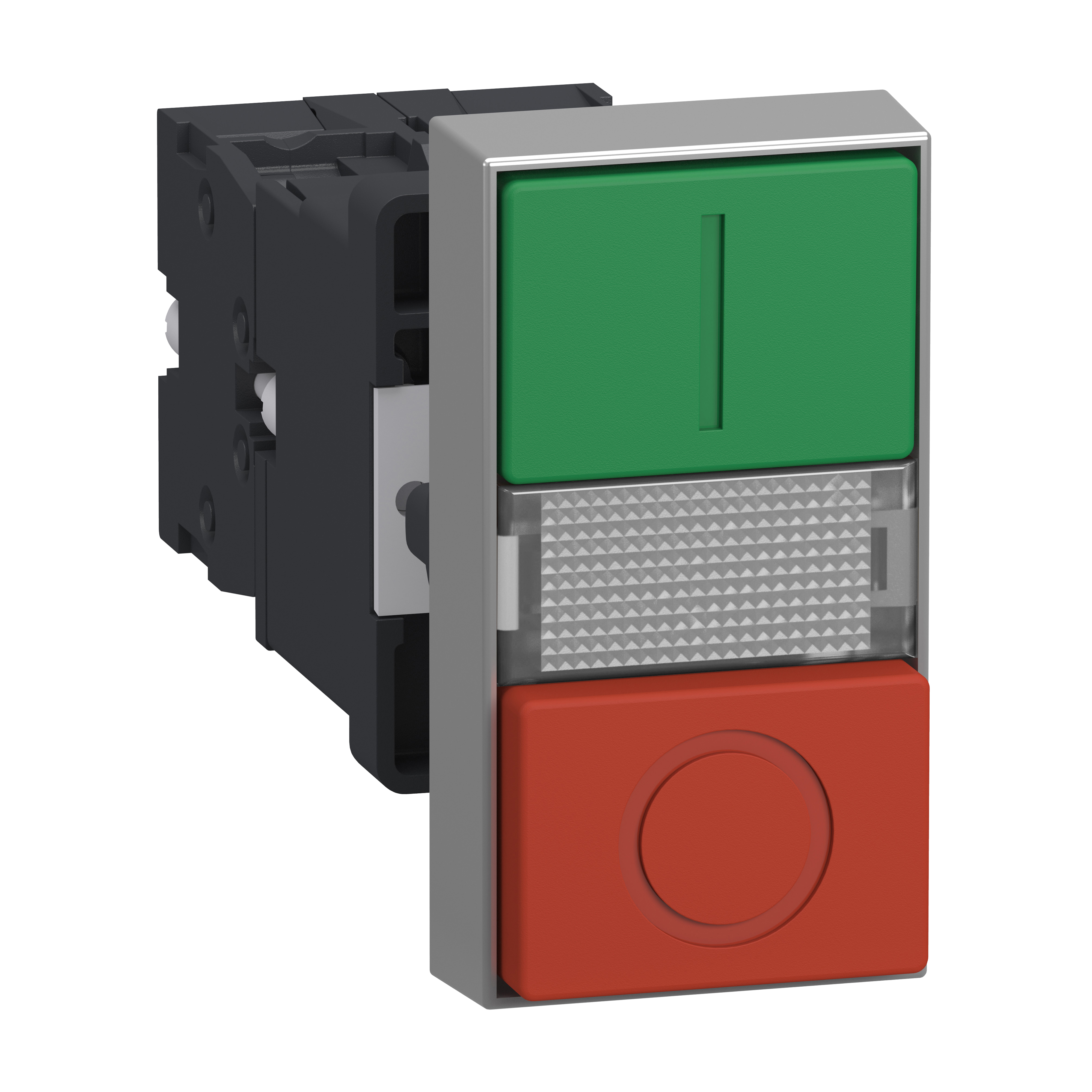 Illuminated double headed push button, Easy Harmony XA2, plastic, 22mm, 1 green flush I + 1 light + 1 red flush O, 220…230V AC, 1NO + 1NC