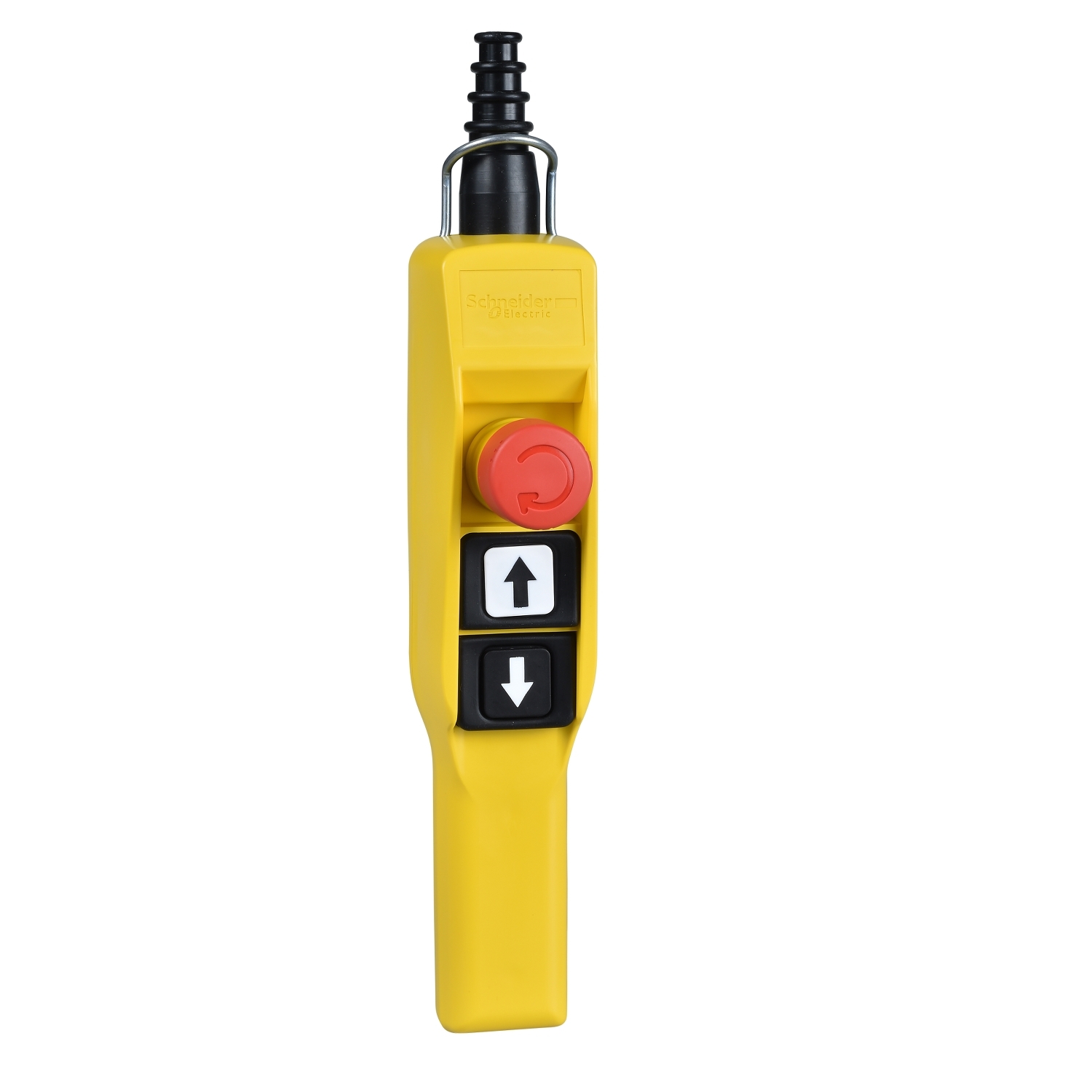 Harmony XAC, Pendant control station, plastic, yellow, pistol grip, 2 booted push buttons, 1 emergency stop
