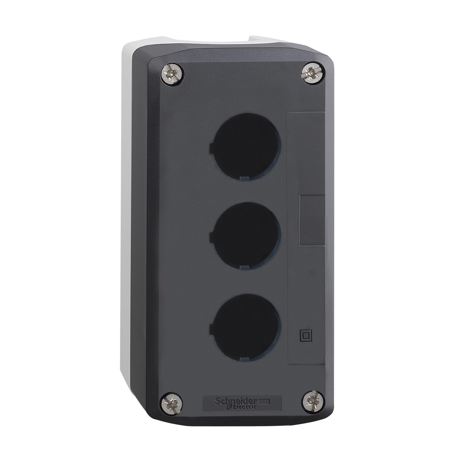 Empty control station, Harmony XALD, XALK, plastic, dark grey lid, light grey base, 3 cut out