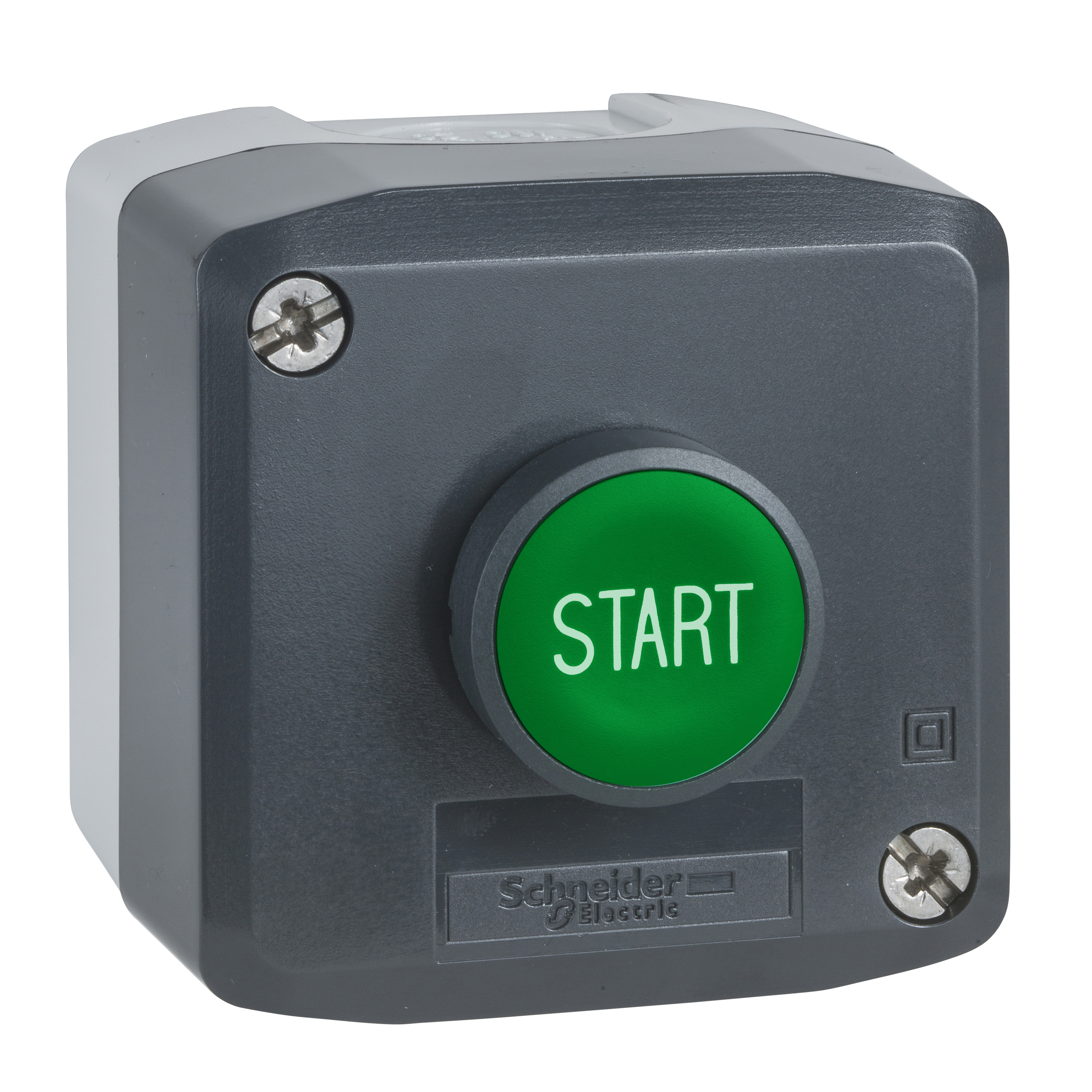 Control station, Harmony XALD, XALK, plastic, dark grey, 1 green flush push button marked START, 22mm, spring return, 1 NO, UL CSA certified