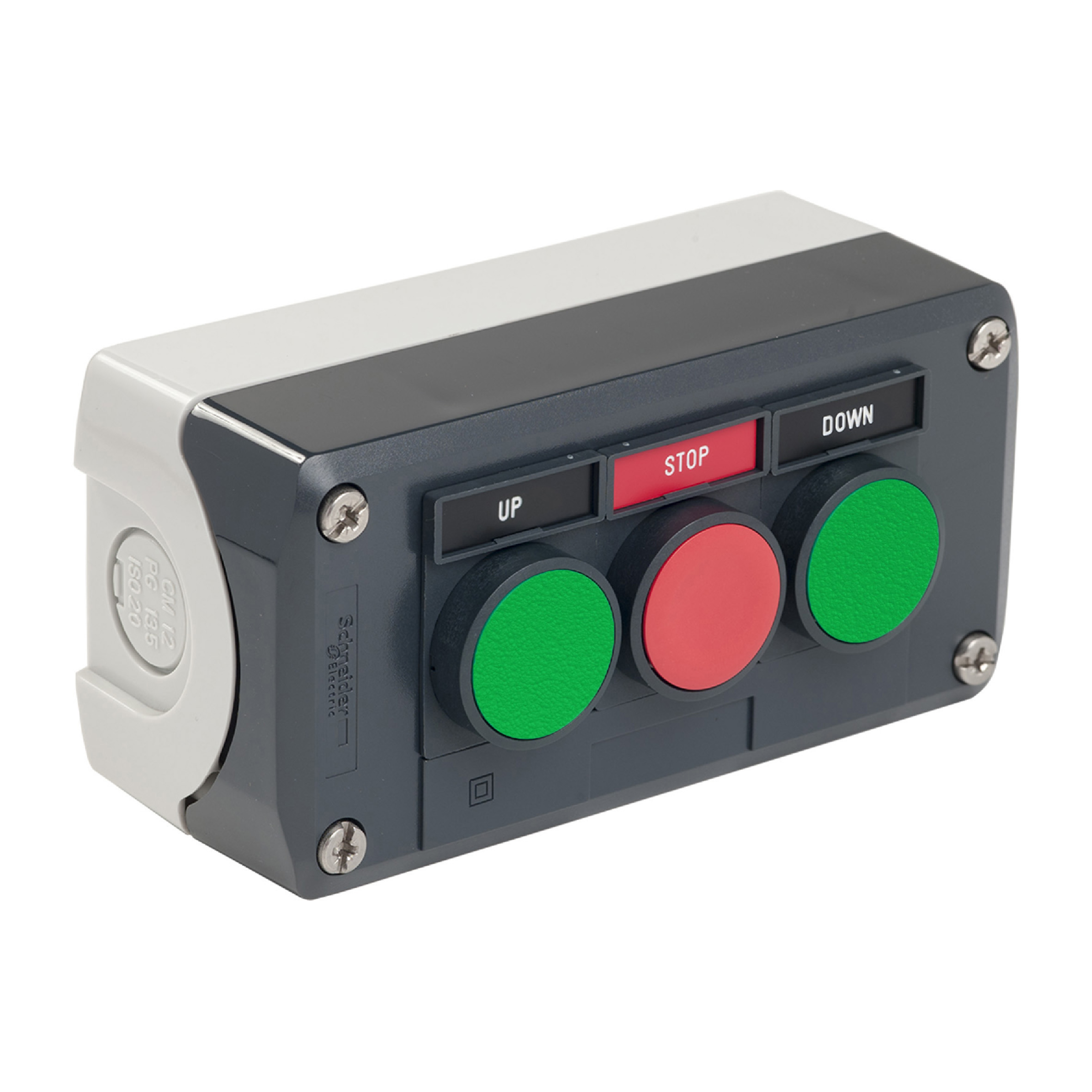 Control station, Harmony, plastic, dark grey, 3 flush push buttons, green NO, red NC, green NO, 22mm, spring return, legend holder, UL CSA certified