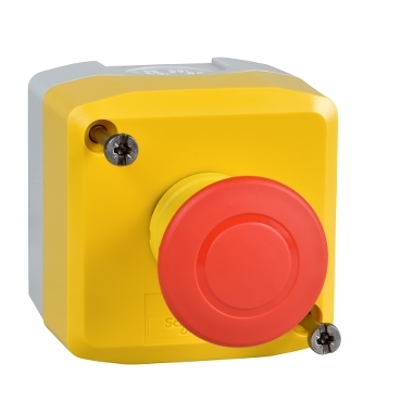 Harmony XALD XALK, Control Station, Plastic, Yellow, 1 Red Mushroom Head Push Button Ø40, Emergency Stop Push-pull 1 NC, Unmarked