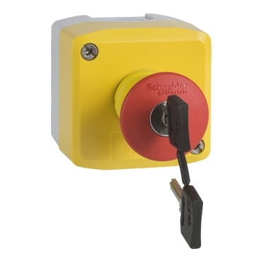 Harmony XALK tokozott vészgomb, sárga, 1 piros gombafejű azonnali nyomógomb, kulccsal kioldó, 1NC+1N