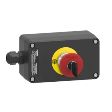 Harmony XAWF ATEX D tokozott vészleállító, gombafejű 40mm, kulccsal oldható, műanyag, 2NC, piros XAWG188EX