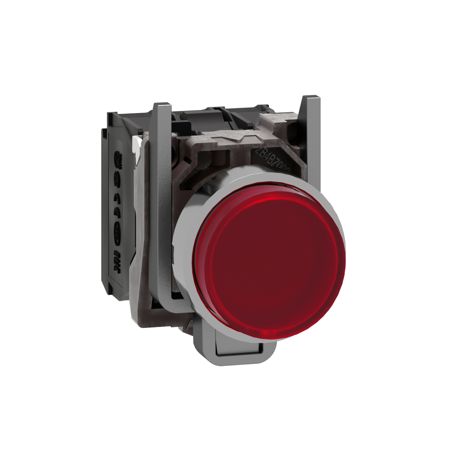 Illuminated push button, Harmony XB4, red flush, universal LED, 22mm, spring return, plain lens, screw clamp terminals, 1NO + 1NC, 24V AC DC