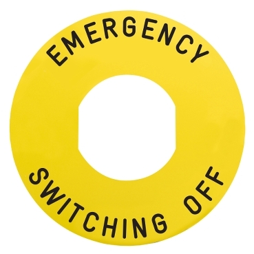 Harmony sárga köralakú felirati tábla, Ø60, ZB5AW743 vészkapcsolóhoz, EMERGENCY SWITCHING OFF ZBY9360