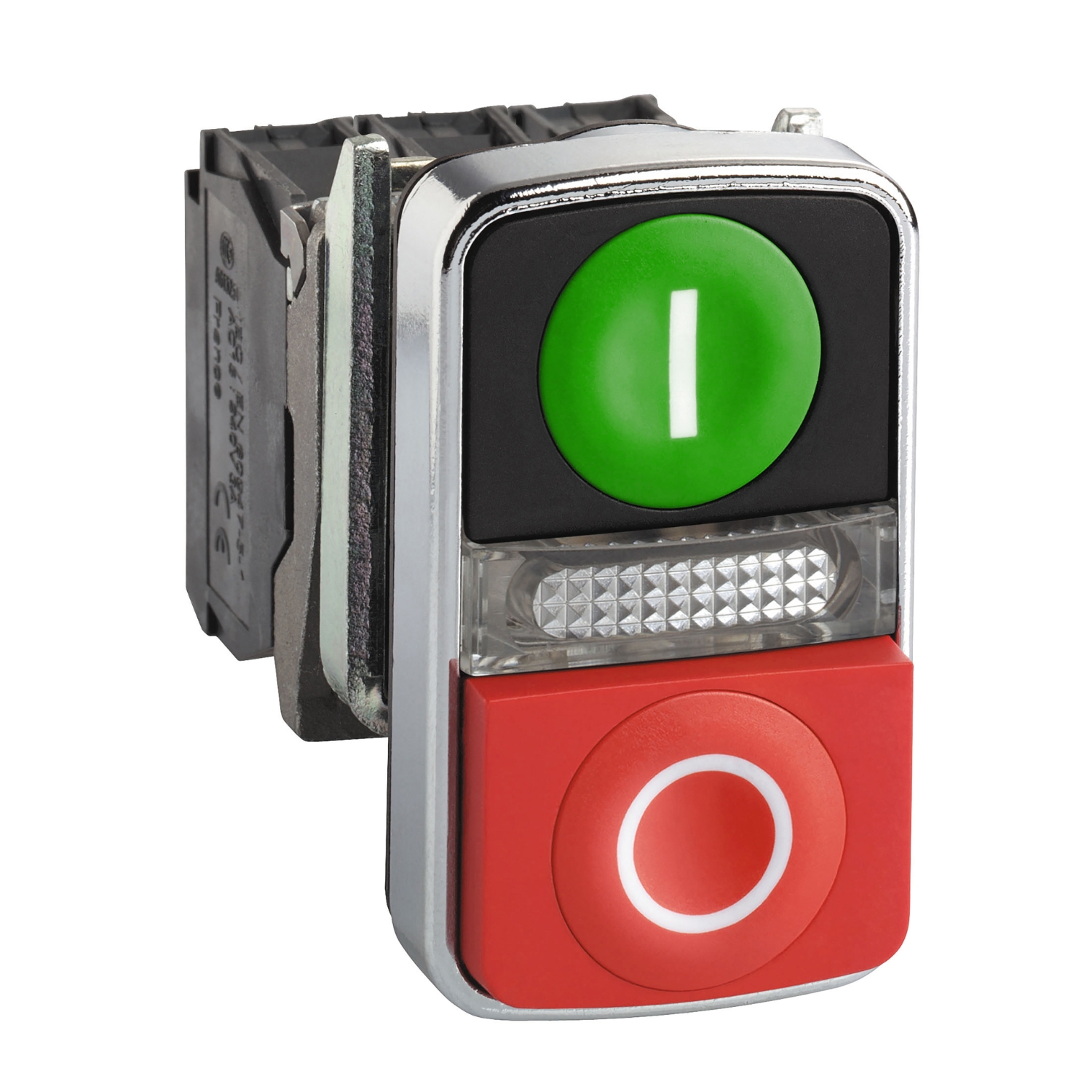 Harmony XB4, Illuminated double-headed push button, metal, Ø22, 1 green flush I + 1 pilot light + 1 red projecting O, 240 V AC, 1 NO + 1 NC