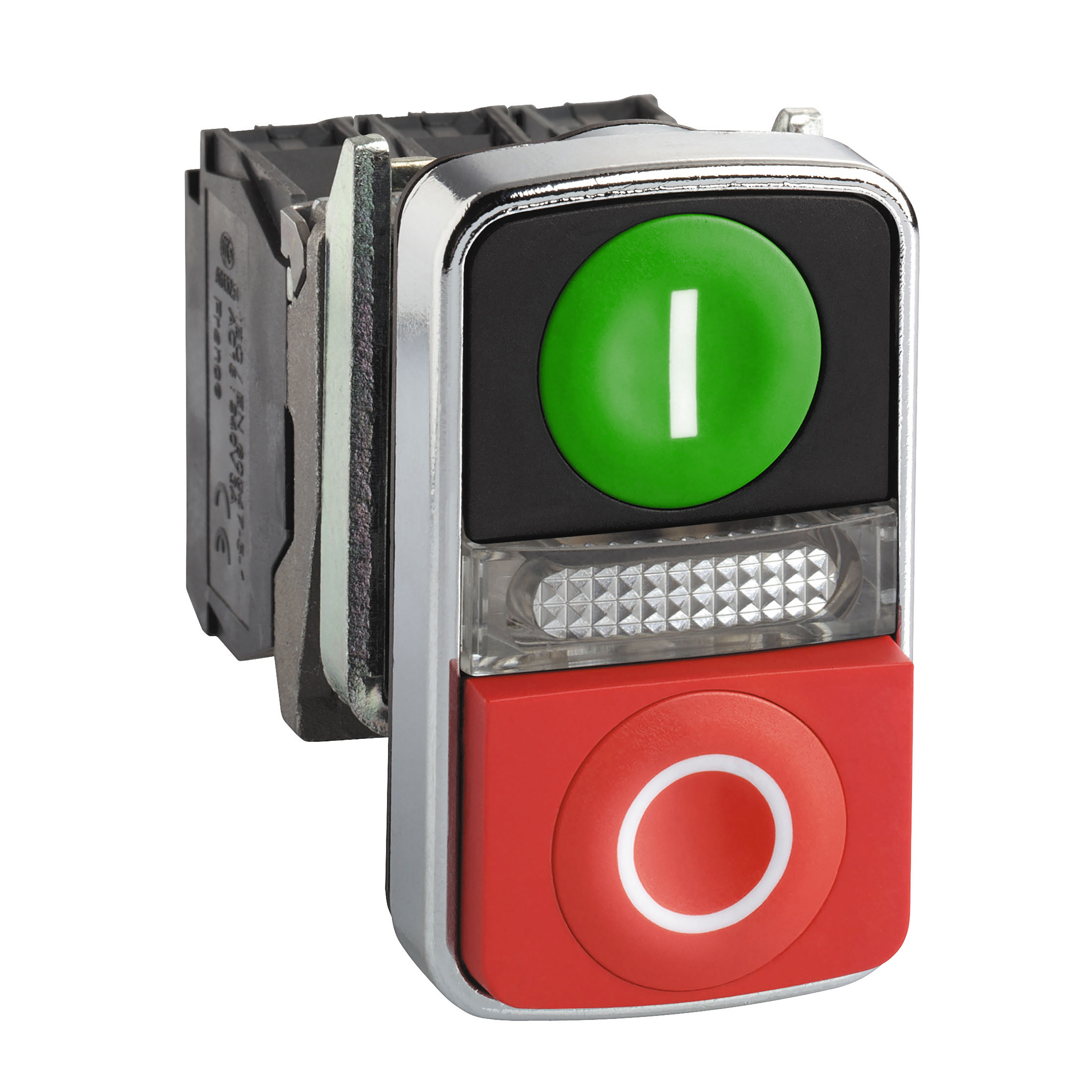 Pulsador Doble Verde Rasante/Rojo Saliente, luminoso, metálico, 1NA+1NC, led 230VAC