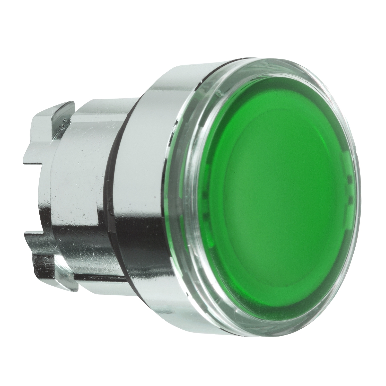 Head for illuminated push button, Harmony XB4, metal, green flush, 22mm, universal LED, for insertion legend