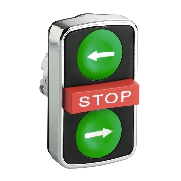 Harmony fém kettősfejű nyomógomb fej, Ø22mm, visszatérő, 1-1 zöld jobb/bal nyíl nyomógomb, piros kiemelkedő STOP gomb - ZB4BA73133