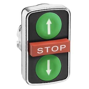 Harmony fém kettősfejű nyomógomb fej, Ø22mm, visszatérő, 1-1 zöld fel/le nyíl nyomógomb, piros kiemelkedő STOP gomb - ZB4BA73134