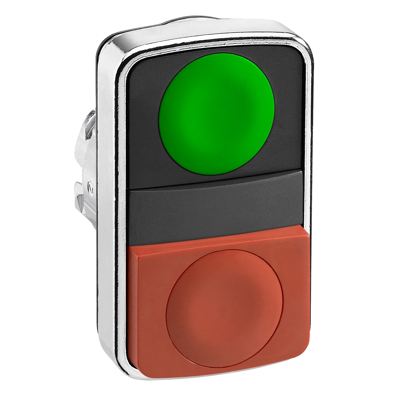 Double-headed push button head, Harmony XB4, metal, 22mm, 1 green flush unmarked+1 red projecting unmarked