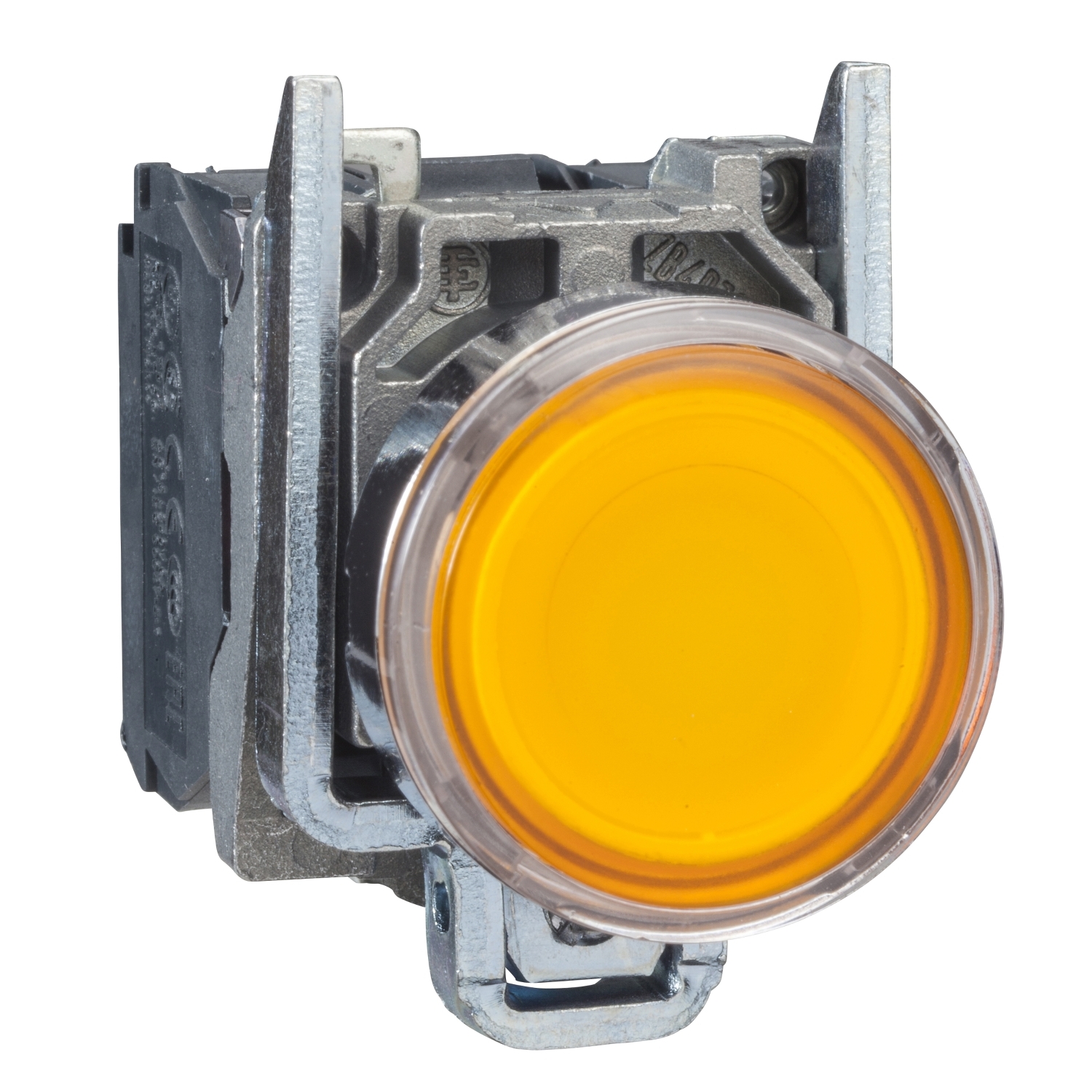Illuminated push button, Harmony XB4, metal, orange flush, 22mm, universal LED, plain lens, 1NO + 1NC, 24V AC DC