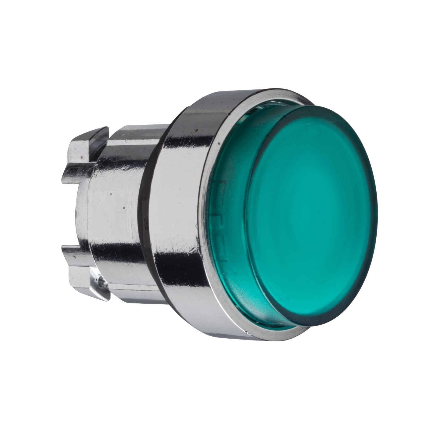 Head for illuminated push button, Harmony XB4, metal, green projecting, 22mm, universal LED, spring return, plain lens