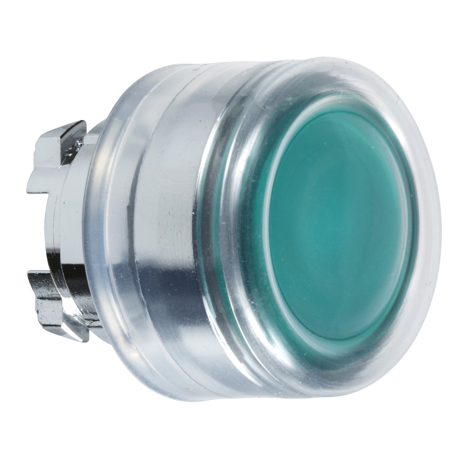 Head for illuminated push button, Harmony XB4, metal, green flush, 22mm, universal LED, spring return, clear boot