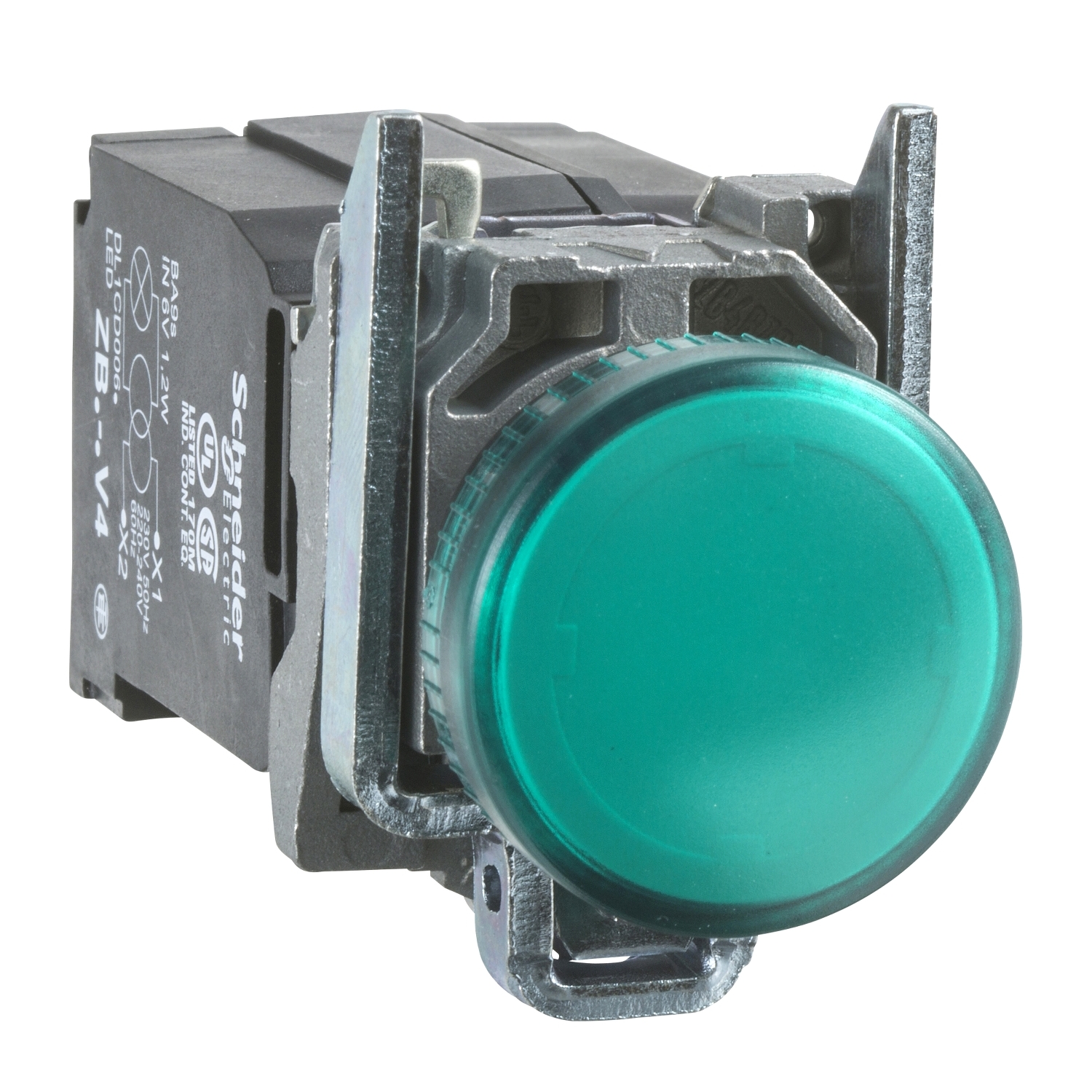 Jelzőlámpa komplett fém d22 1x BA9s zöld 110-120V AC/DC kerek lapos Harmony XB4 Schneider