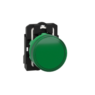 Pilot light, Harmony XB5, grey plastic, green, 22mm, universal LED, plain lens, 230...240V AC