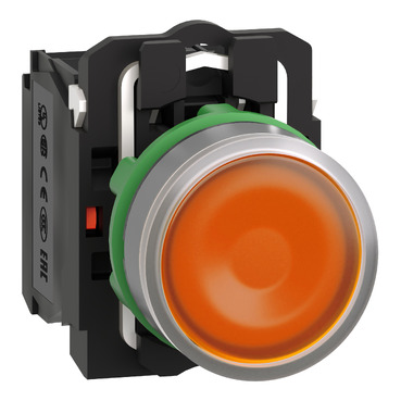 Harmony komplett műanyag LED világító nyomógomb, Ø22mm, visszatérő, 1NO+1NC, 24VAC/DC, narancssárga, szürke körgyűrű - XB5AW35B5C0