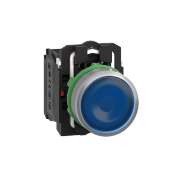 Harmony komplett műanyag LED világító nyomógomb, Ø22mm, visszatérő, 1NO+1NC, 24VAC/DC, kék, szürke körgyűrű - XB5AW36B5C0