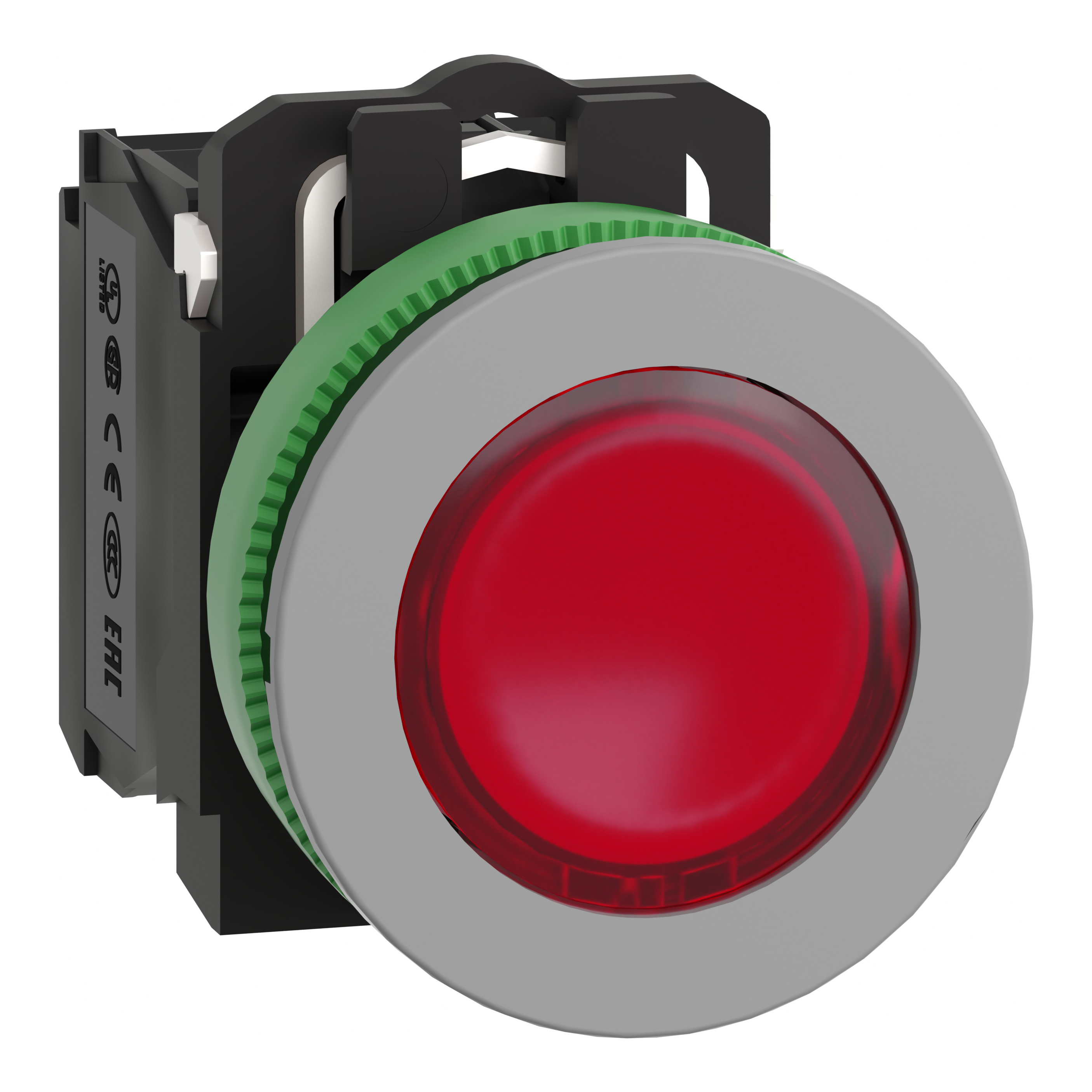 Illuminated push button, Harmony XB5, grey bezel, red flush mounted, 30mm, universal LED, 1NO + 1NC, 120V AC
