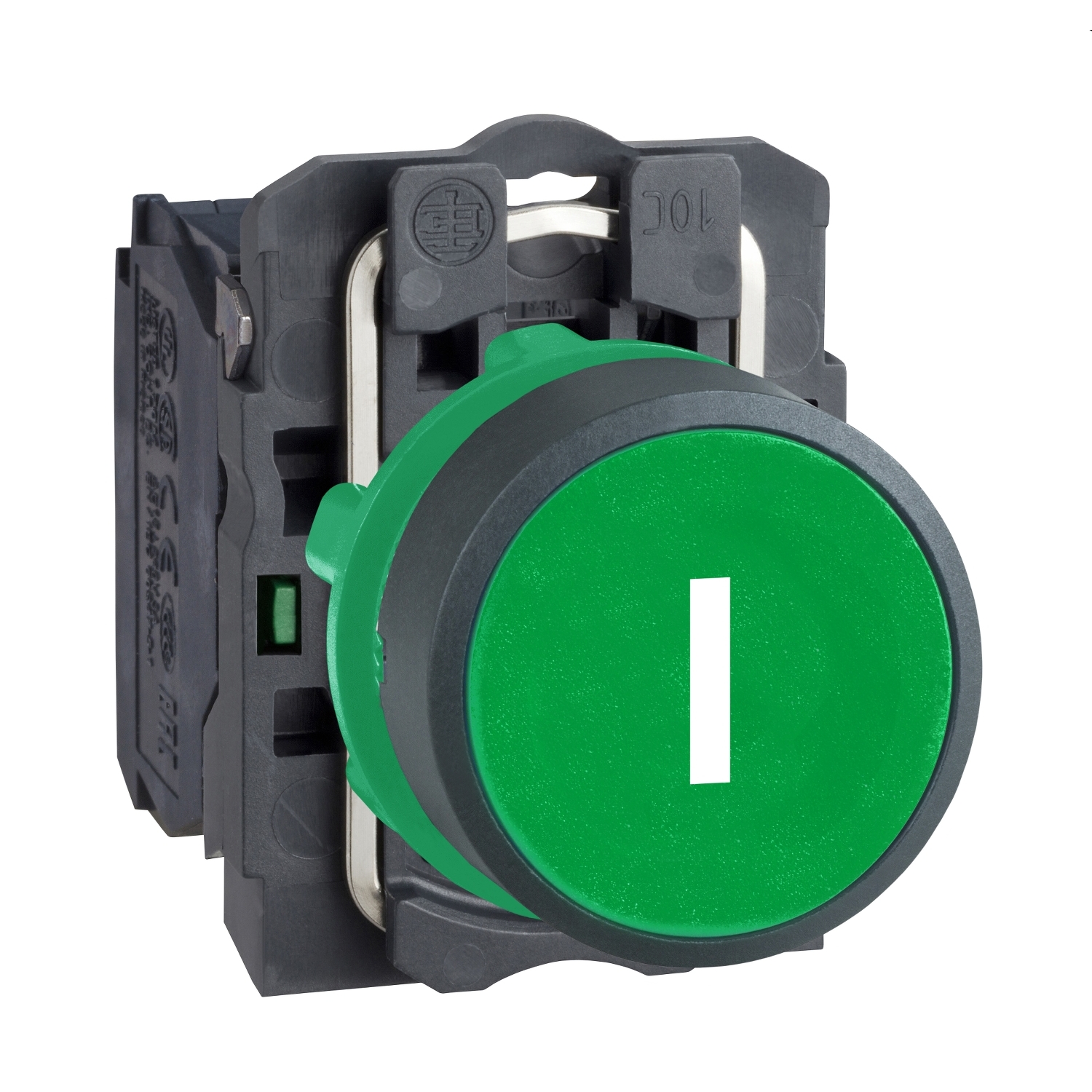 Push button, Harmony XB5, plastic, flush, green, 22mm, spring return, marked I, 1NO
