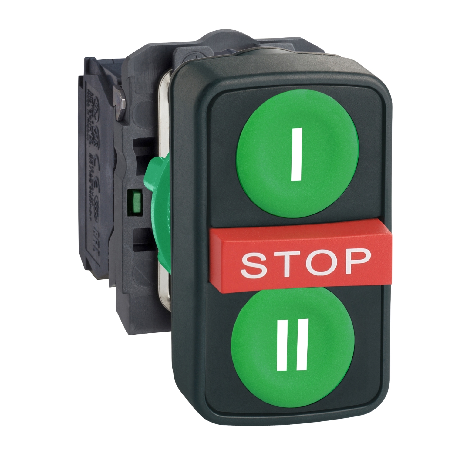 Hármas nyomógomb komplett műa. d22 I/STOP/II piros/zöld magas visszaugró 2z Harmony XB5 Schneider