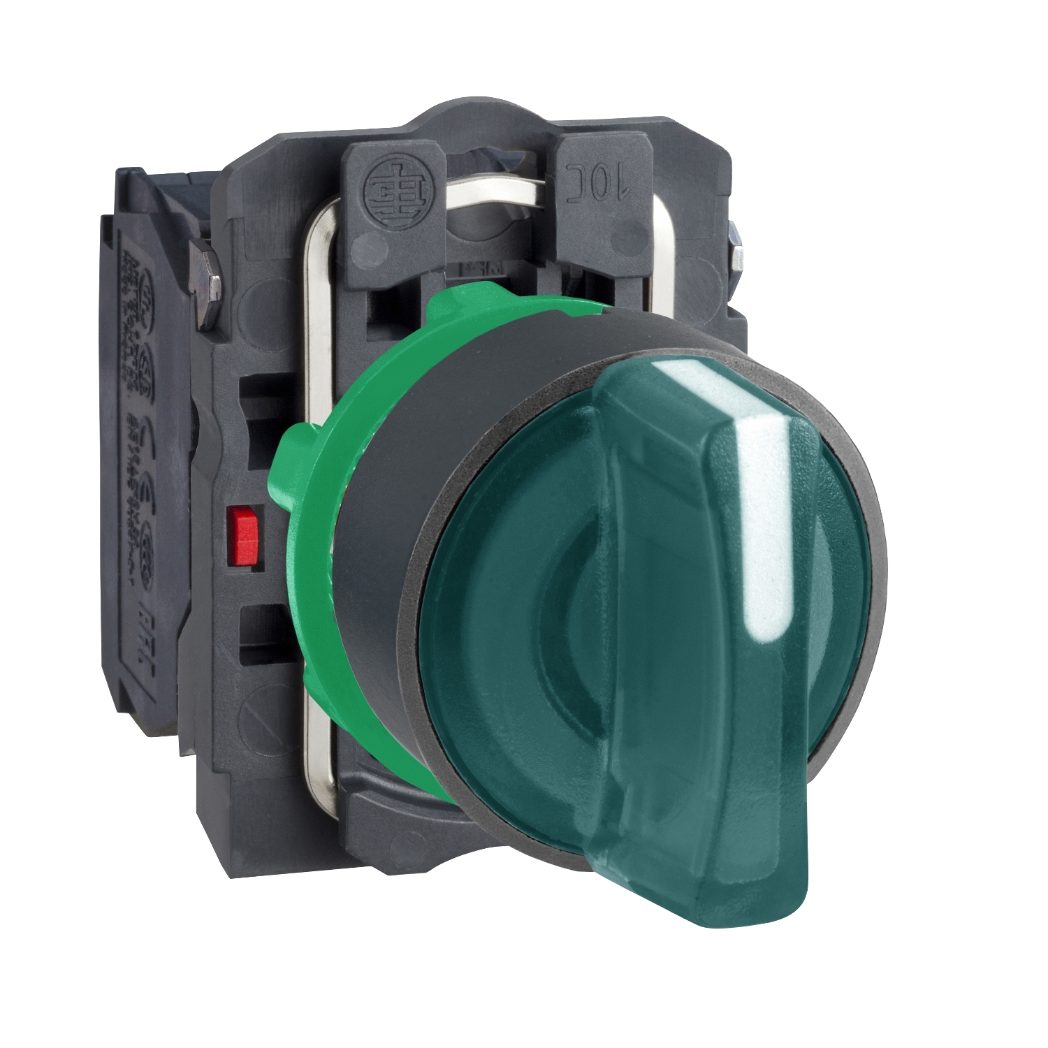 Illuminated selector switch, Harmony XB5, grey plastic, green handle, 22mm, 3 positions, universal LED, 1NO + 1NC, 24V AC DC