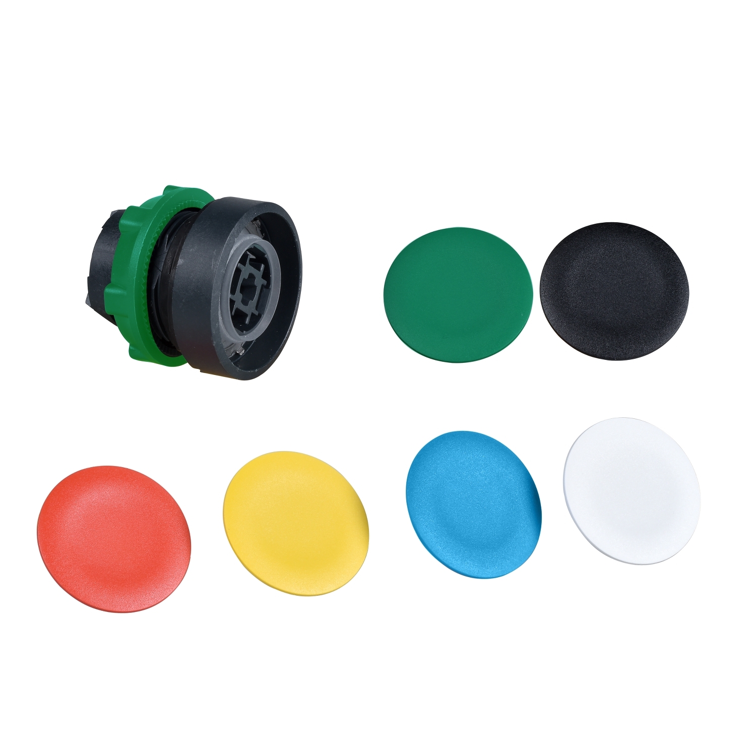 Head for non illuminated push button, Harmony XB5, plastic, flush, 22mm, spring return, with 6 coloured caps unmarked