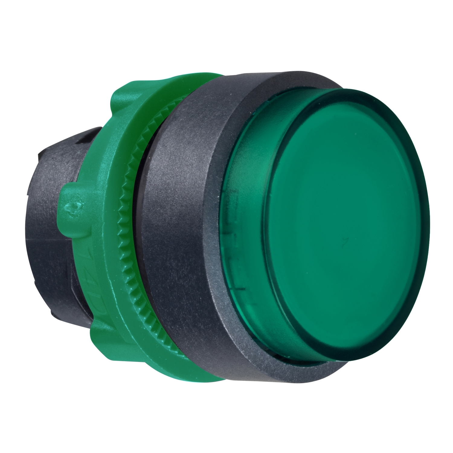 Head for illuminated push button, Harmony XB5, round green projecting, 22mm, universal LED, push to release, unmarked