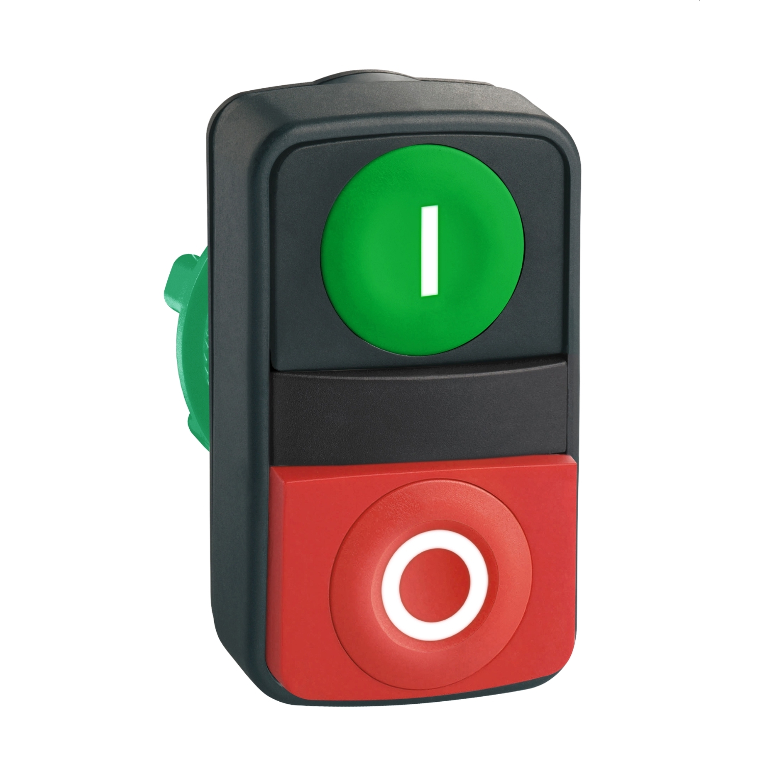 Double-headed push button head, Harmony XB5, plastic, 22mm, 1 green flush marked I + 1 red projecting marked O