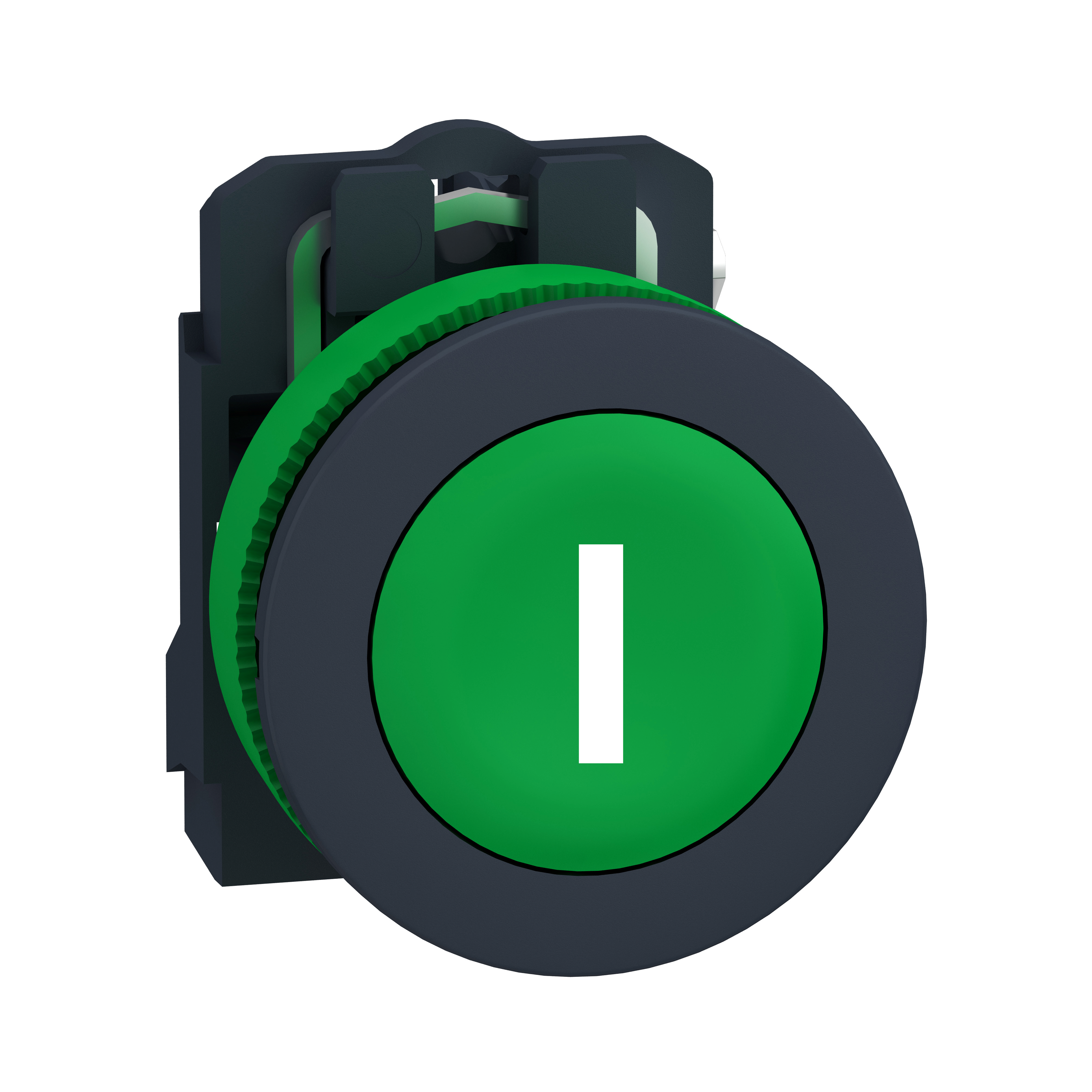 Antimicrobial Push button flush mounted, Harmony XB5, plastic, green, 30mm, spring return, marked I, 1NO