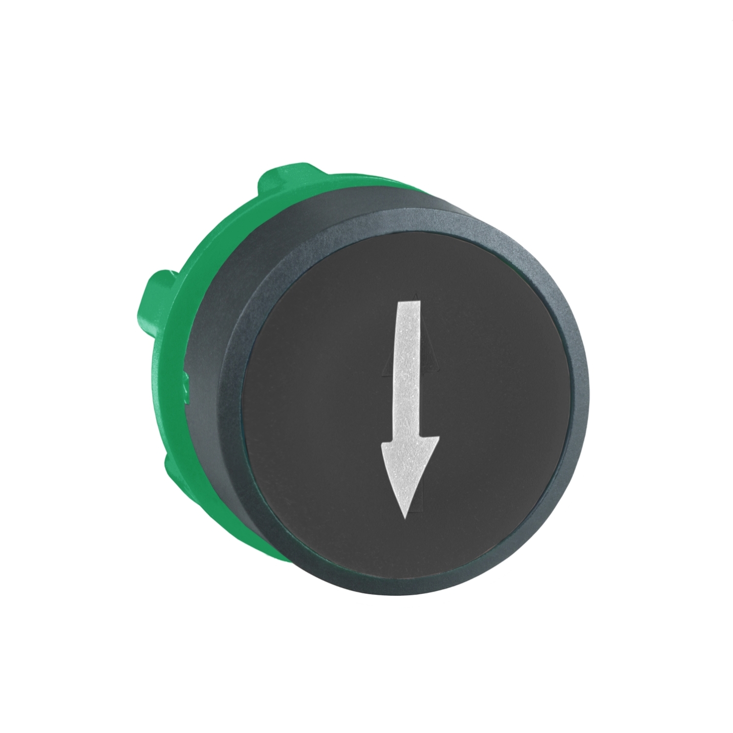 Push button head, Harmony XB5, plastic, flush, black, 22mm, spring return, marked DOWN ARROW
