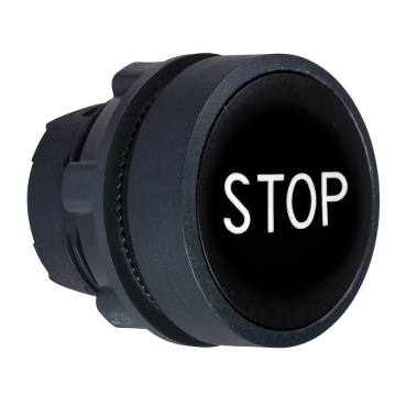 Harmony műanyag nyomógomb fej, Ø22mm, visszatérő, fekete, "STOP" - ZB5AA234