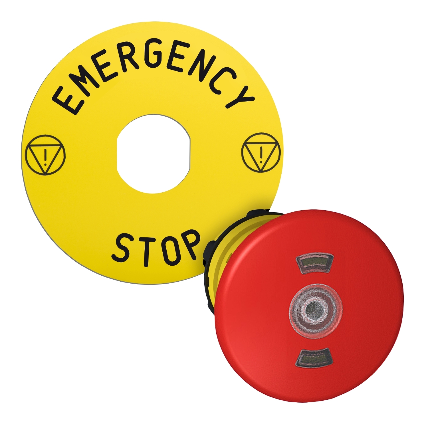red Ø40 illum Emergency stop pushbutton head with yellow legend plate