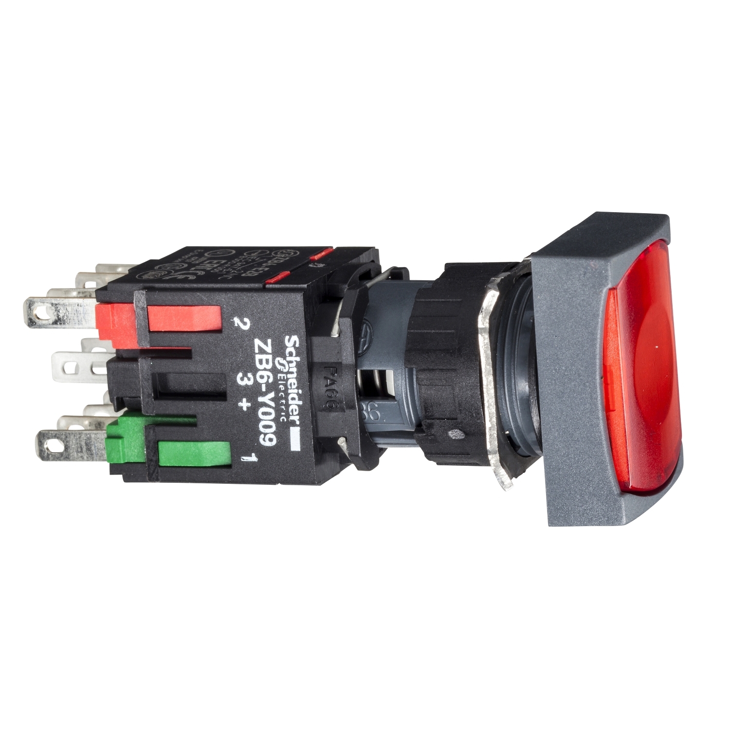 Complete illuminated push button, Harmony XB6, red rectangular flush, 16mm, latching, 1NO + 1NC,  12...24V