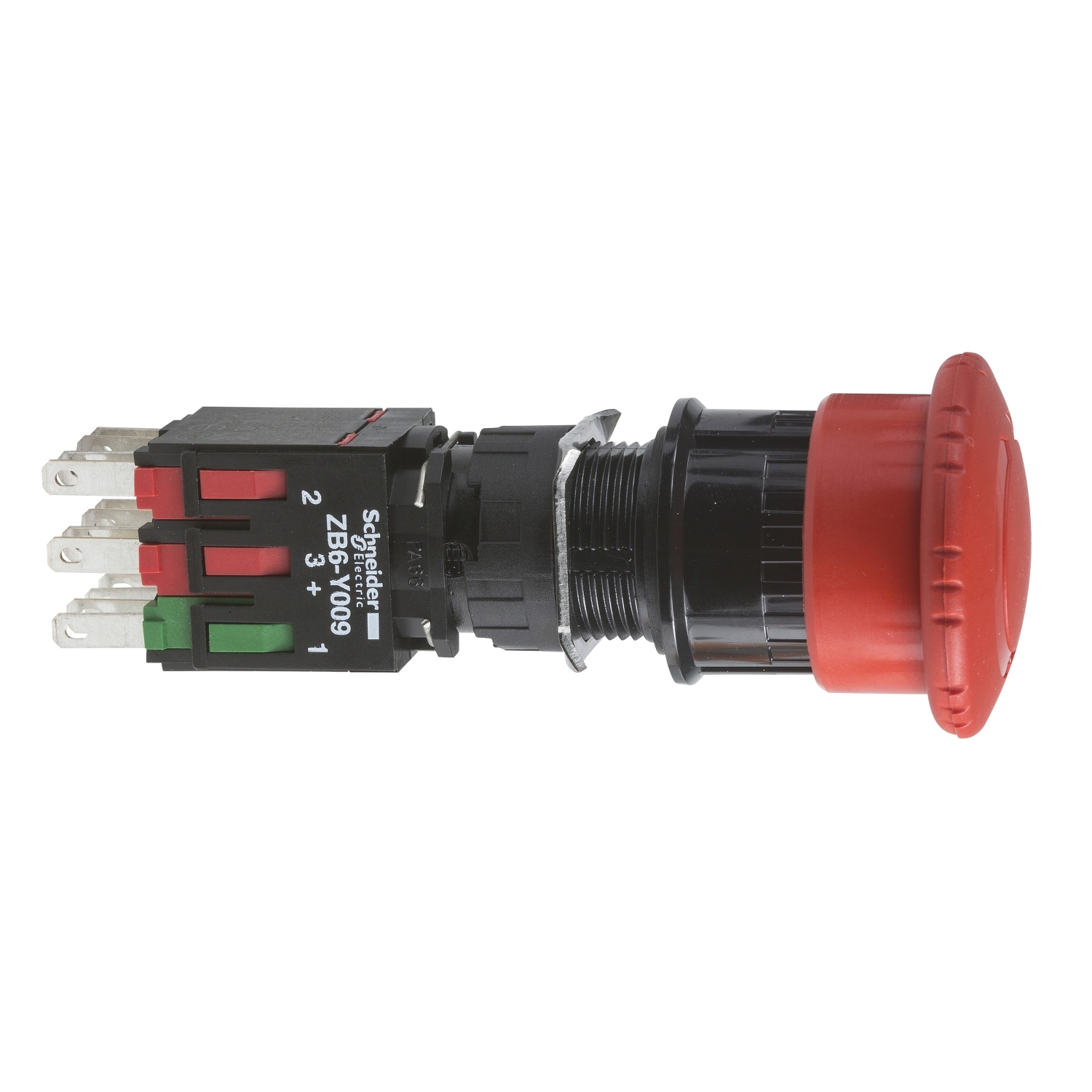 Complete emergency stop push button, Harmony XB6, 16mm, red pushbutton30mm, trigger/latching Turn to release, 1NO + 2NC