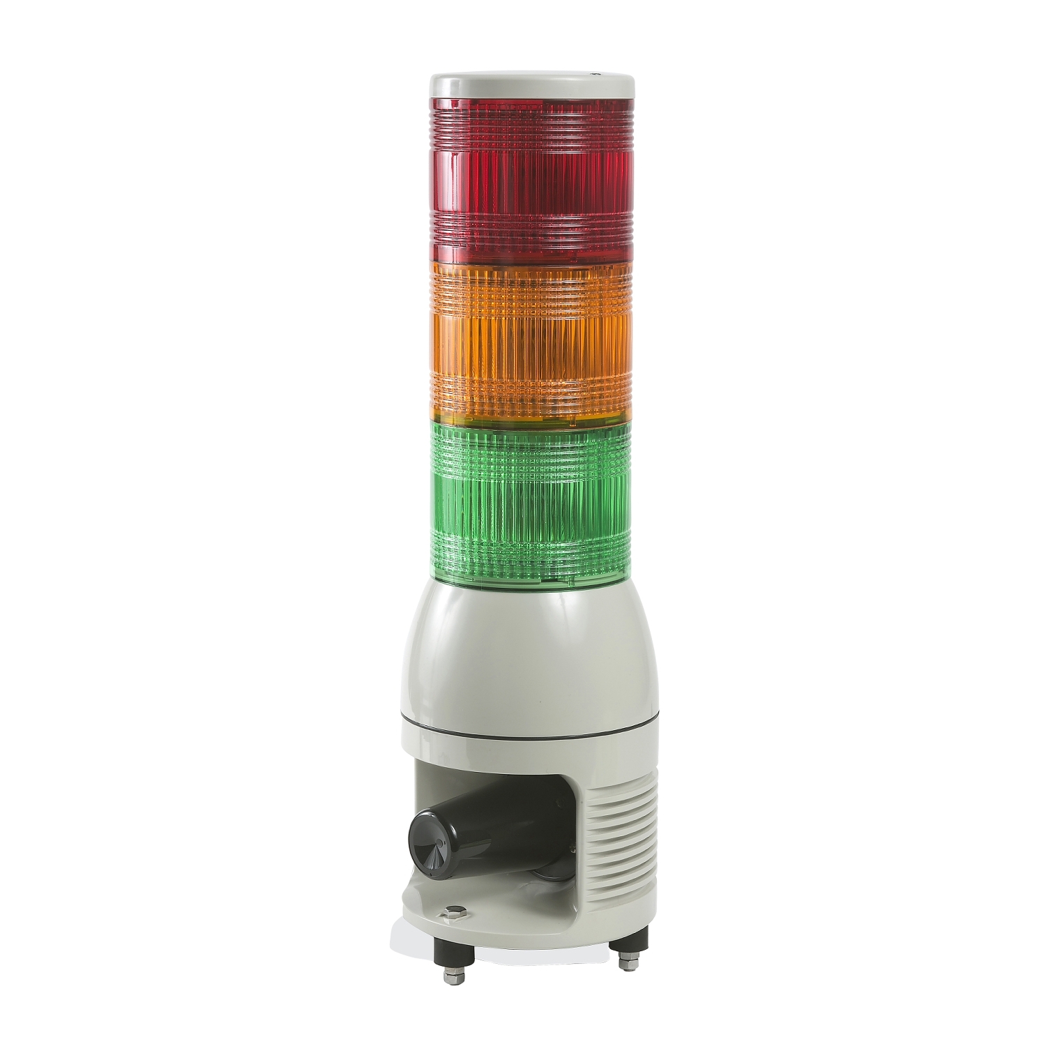 Monolithic tower light， red-orange-green， 100mm， base mounting， steady or flashing， with siren 0...102 dB， IP54， 100…240 V AC