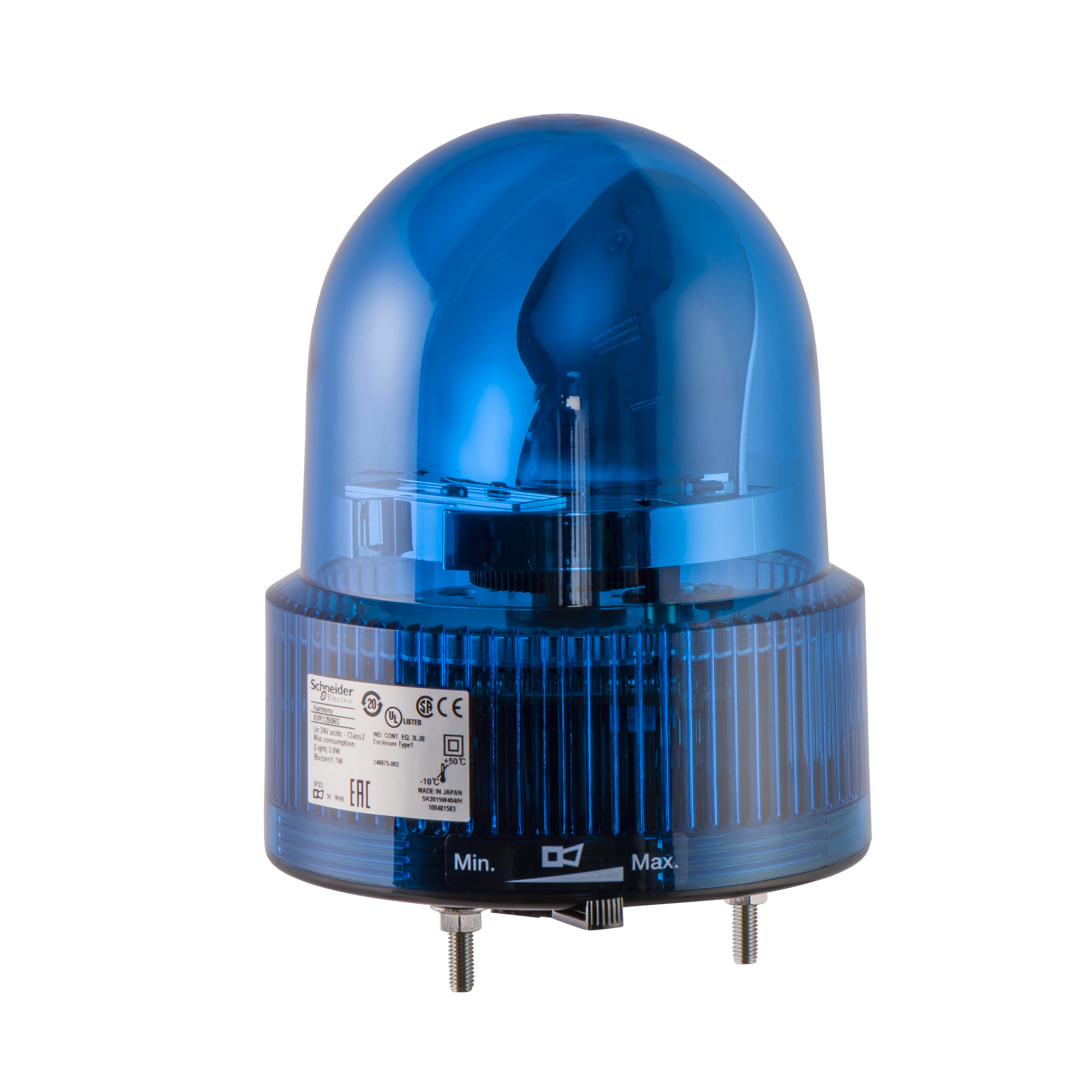 Prewired rotating mirror beacon, Harmony XVR, 120mm, blue, with buzzer 50...90 dB, 24V AC/DC