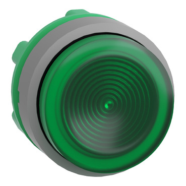 Harmony műanyag világító nyomógomb fej, Ø22mm, visszatérő, LED-es, kiemelkedő, hornyolt lencsével, zöld, szürke perem - ZB5AW133SC0
