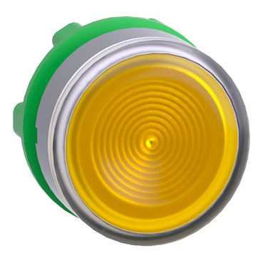 Harmony műanyag világító nyomógomb fej, Ø22mm, visszatérő, beépített LED-hez, hornyolt lencsével, sárga, szürke perem - ZB5AW383SC0