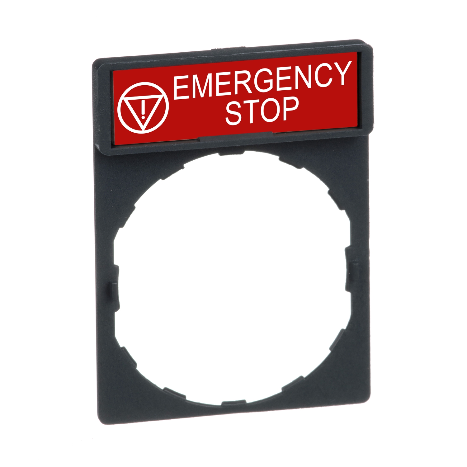 Legend holder, Harmony XB4, 30 x 40mm, plastic, 8 x 27mm legend, white marked EMERGENCY STOP