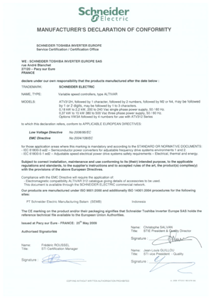Certificate declaration of conformity Altivar 312 - 200 a 240 VCA e 380 a 500 VCA