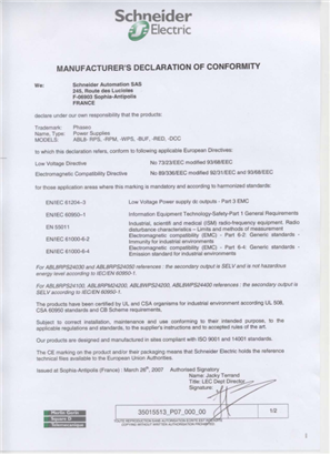 Modicon ABLM, ABLS, ABL7, ABL8, Declaration of conformity, EU/CE, Schneider Electric