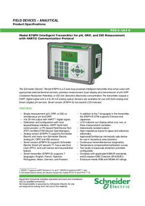 Model 876PH Intelligent Transmitter for pH, ORP, and ISE Measurement with HART® Communication Protocol - Product Specification