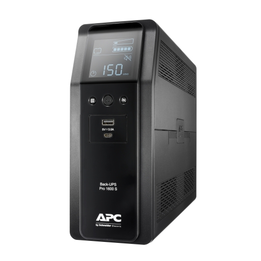 APC Back-UPS Pro, 1600VA/960W, Tower, 230V, 8x IEC C13 outlets, Sine Wave, AVR, USB Type A + C ports, LCD, User Replaceable Battery Front Left
