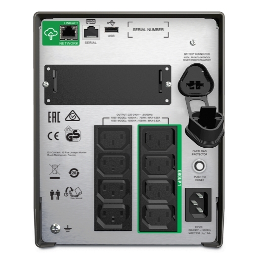 Smart-UPS de APC, línea interactiva, 1500 VA, torre, 230 V, 8 salidas IEC C13, puerto SmartConnect + SmartSlot, AVR, parte trasera LCD