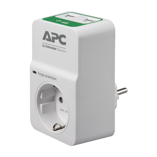 APC Essential SurgeArrest, 1 Ausgang 230 V, 2 USB-Ports mit Ladefunktion, Deutschland Vorderseite links
