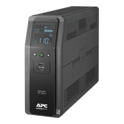 APC Back-UPS Pro 1350S, 1350VA, 120V, Sinewave, AVR, LCD, 2 USB charging ports, 10 NEMA outlets (4 surge) Front Left